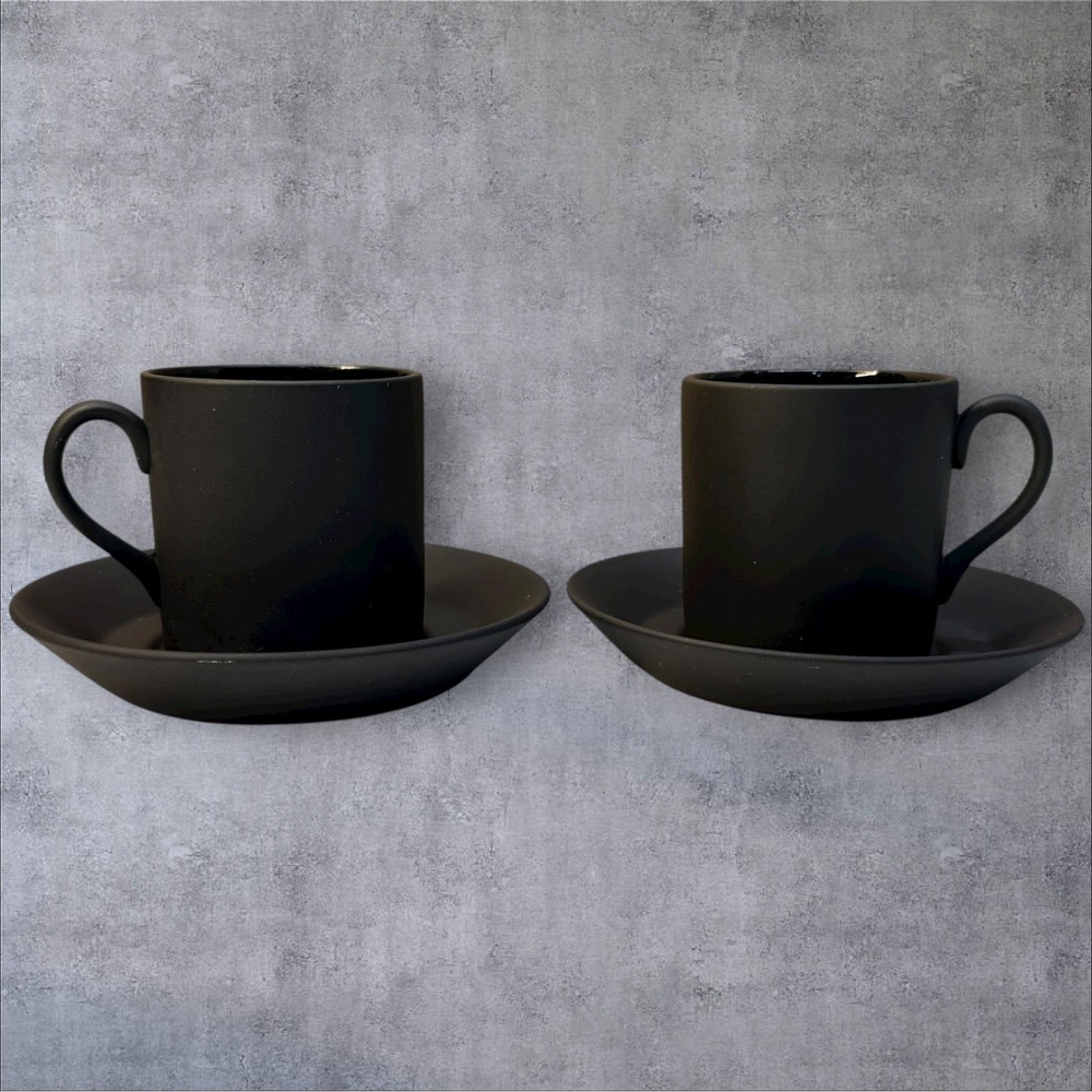 2 WEDGWOOD BASALT‎ BLACK Bond Shape Demitasse Espresso Cup & Saucer Set England